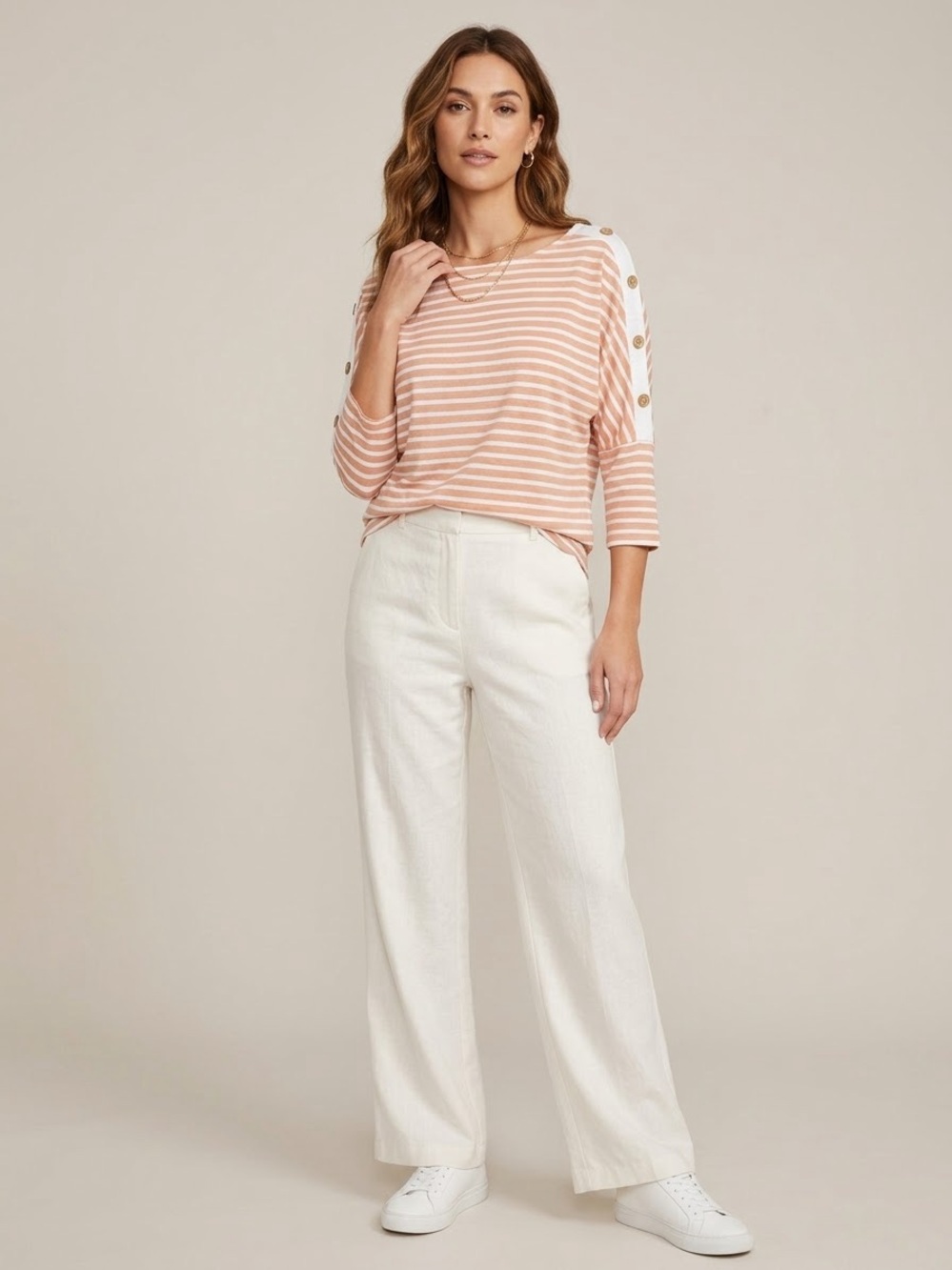 Umgee Peach and White Striped Button-Shoulder Boatneck Top